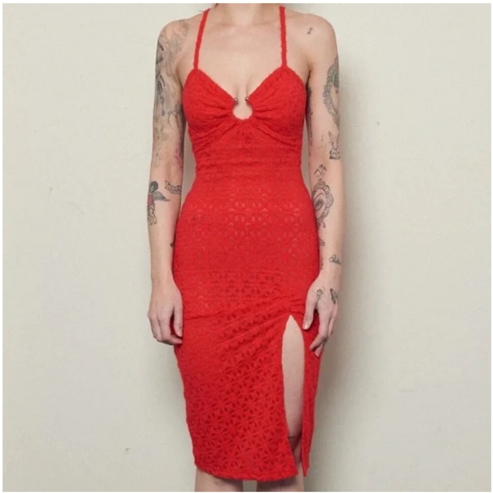 NWT Red Diamond Lace Septum Midi Dress